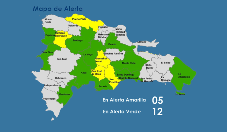 COE mantiene 5 provincias en alerta amarilla y 12 en verde, incluido el Distrito Nacional