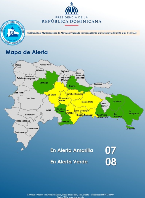 15 provincias en alerta: 6 en amarillo junto al DN y 8 en verde