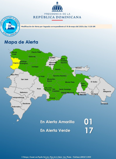 El COE mantiene 01 provincia en alerta amarilla, 16 y el DN en verde