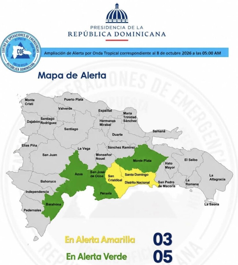 COE coloca tres demarcaciones en alerta amarilla y cinco en verde por activa onda tropical